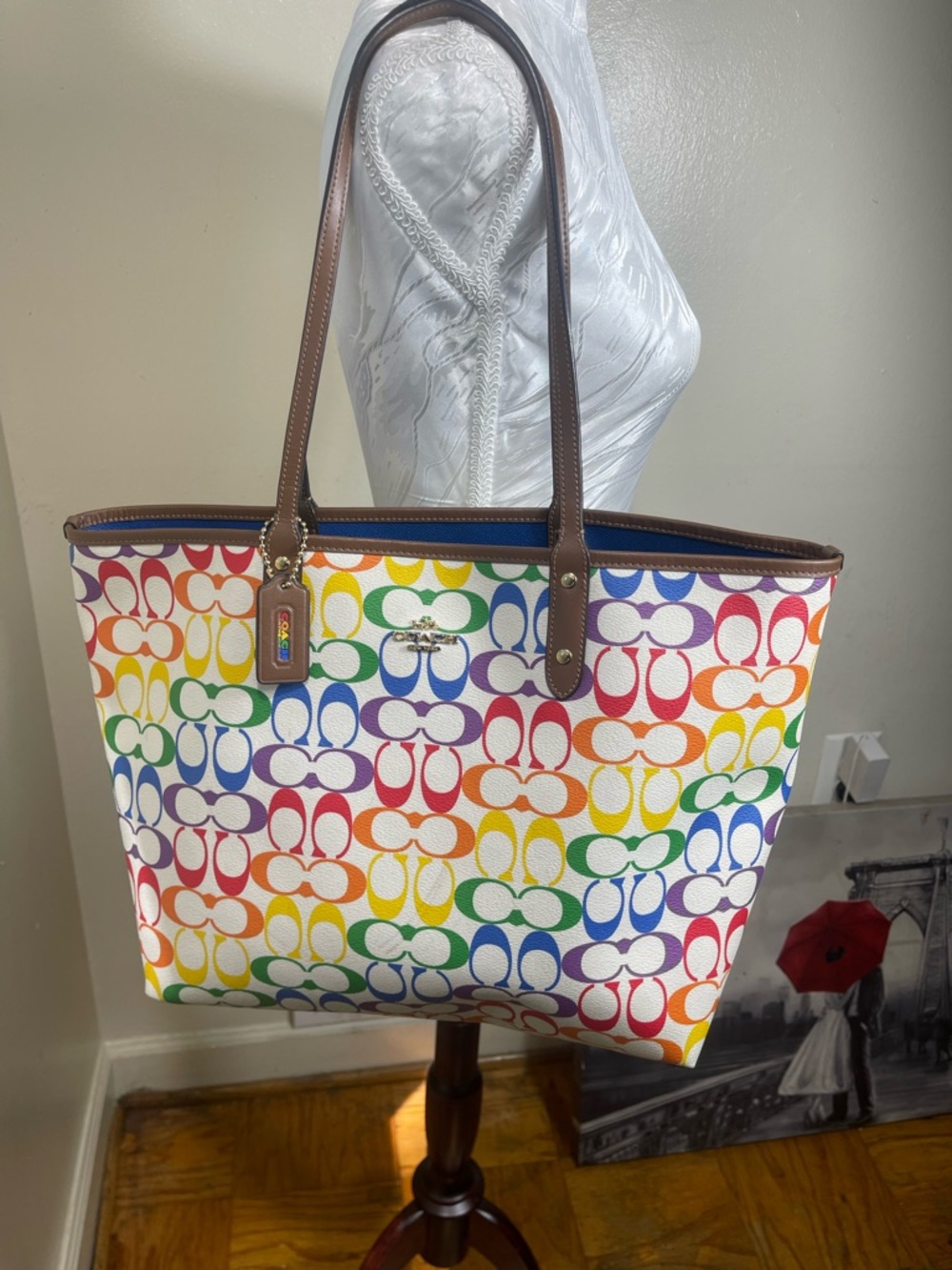 Coach Rainbow Signature Canvas Tote Bag with Brown Leather Trim